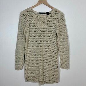 Liz Claiborne Women Sweater Small Beige Linen Blend Crochet Open Knit Boho Tunic